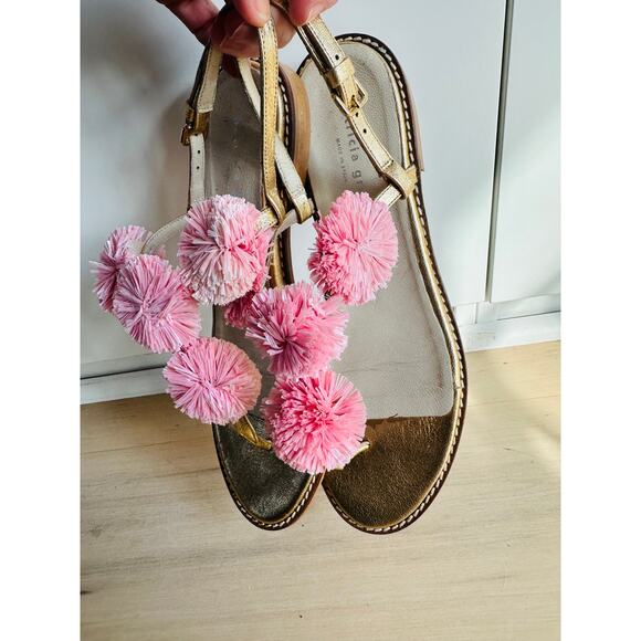 Patricia Green Rafia Pom Pom Sandals Gold Pink Size 10  Summer Vibes vacation - Picture 9 of 10